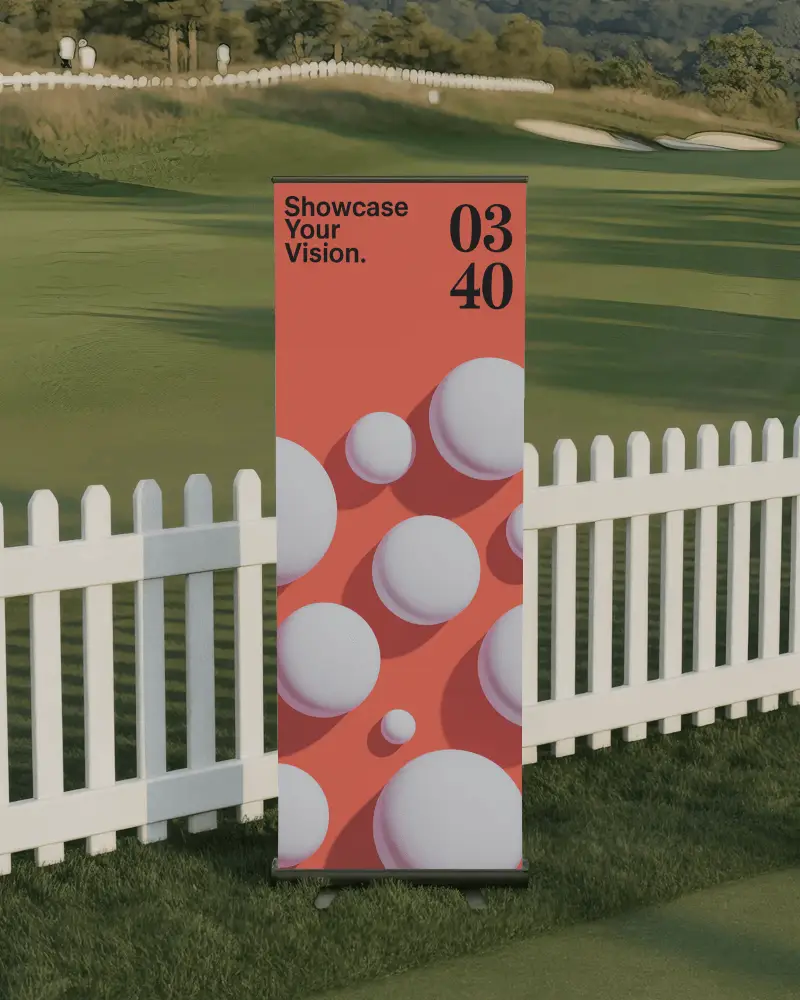 Sports Event Banner Mockup Clean White Standee On Grass Field Near Golf Course Fence In Natural Light