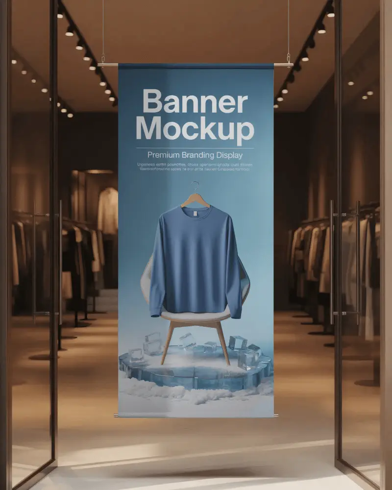 Elegant Storefront Banner Mockup Hanging Vertical Sign In Luxury Clothing Boutique With Track Lighting