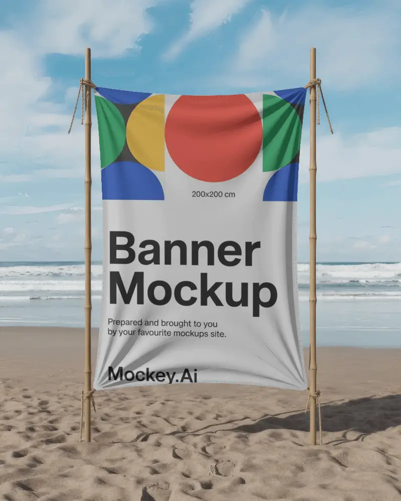 Seaside Advertisement Banner Mockup Fabric Display In Breezy Beach Setting With Clear Skies And Waves