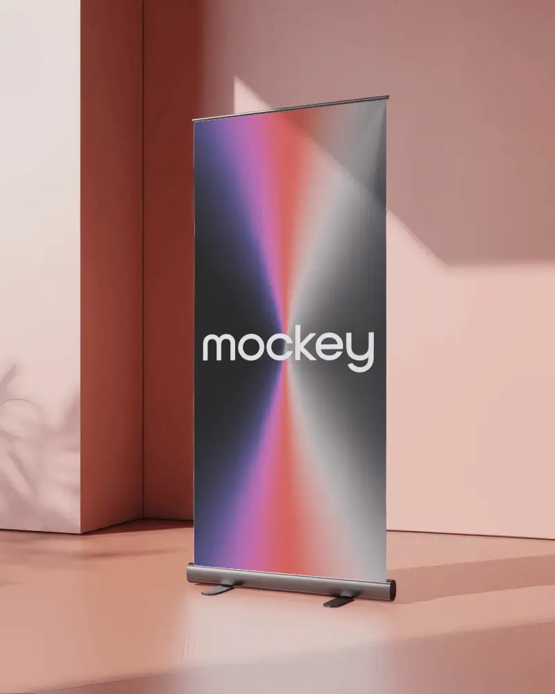 Vertical Roll Up Banner Mockup Set In Pastel Themed Space With Natural Light Casting