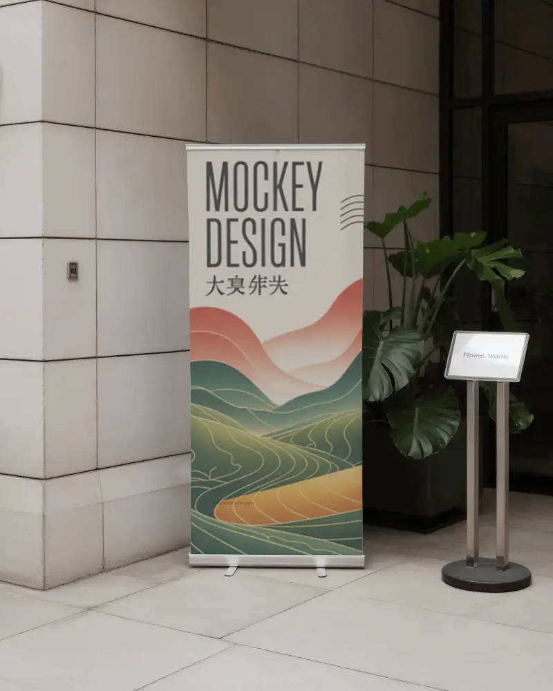 Blank Rollup Banner Mockup Next To Modern Plantwayfinding Signage For Advertising