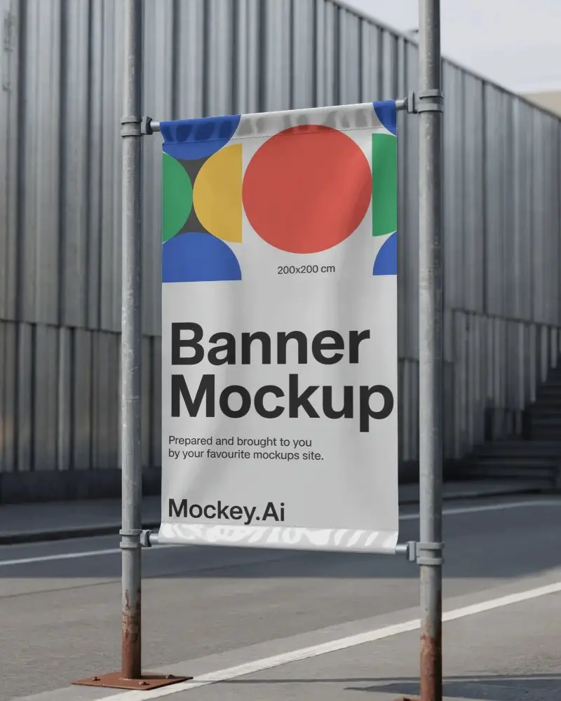 Urban Metal Pole Banner Mockup Vertical Banner On Empty Street With Industrial Backdrop
