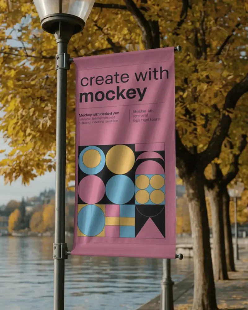 Autumn Riverside Banner Mockup Vertical Flag On Lamp Post With Yellow Foliage And Waterfront View