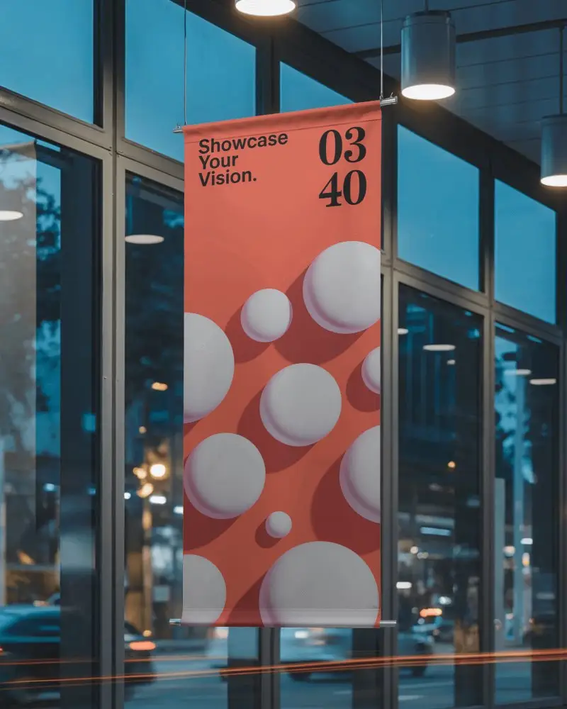 Evening Indoor Banner Mockup Hanging Banner In Glass Window Lobby Lit With Warm Ceiling Lights