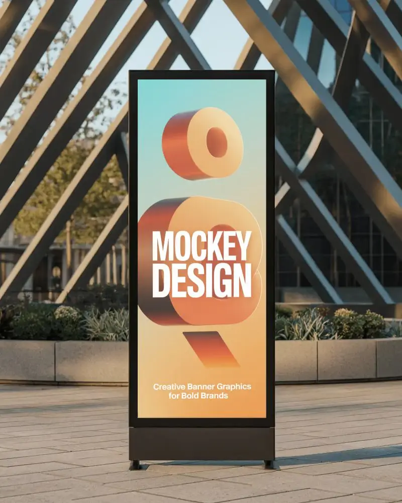 Geometric Urban Structure Banner Mockup Vertical Display On Paved Plaza With Modern Architecture