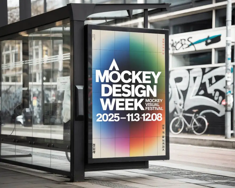 Street Bus Stop Banner Mockup Vertical Display On Shelter Glass Wall With Urban Graffiti Backdrop