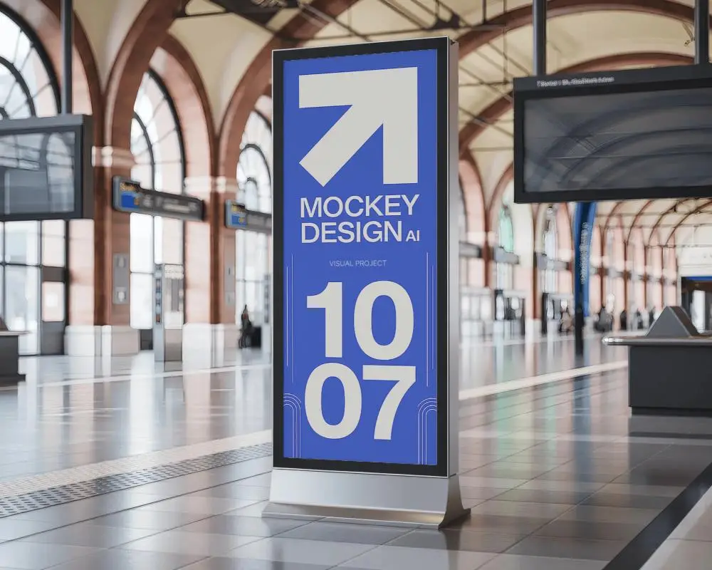 Train Station Kiosk Banner Mockup Free Standing Display In Spacious Terminal With Arched Windows