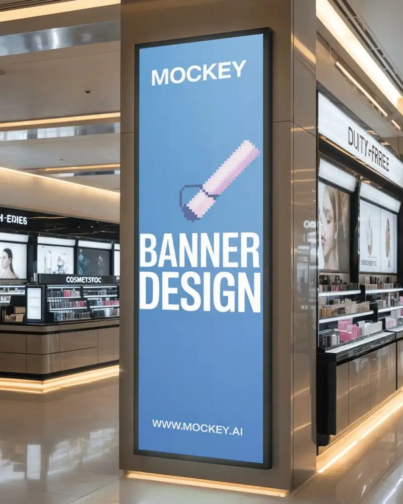 Luxury Duty Free Banner Mockup Display Inside Premium Retail Store With Beauty Product Shelves