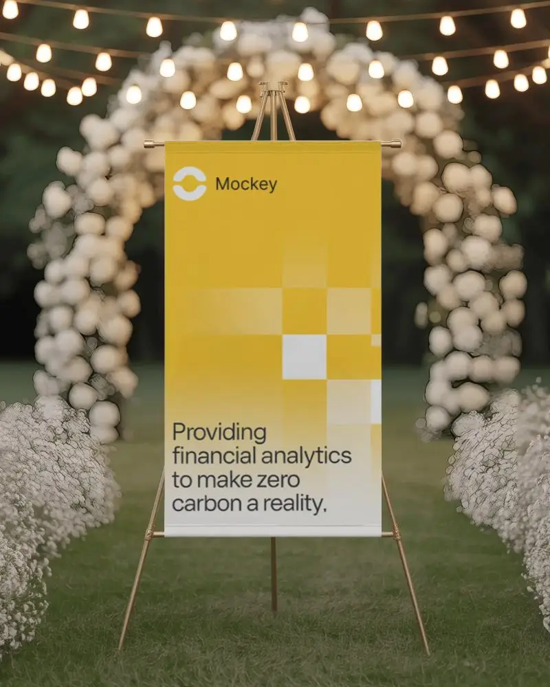 Romantic Outdoor Event Banner Mockup Tripod Display On Lawn With Flower Arch And String Lights