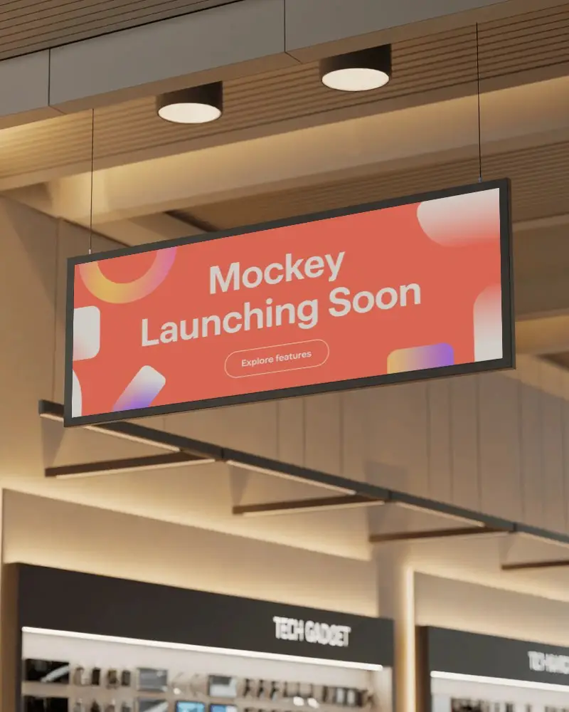 Tech Store Interior Banner Mockup Horizontal Ceiling Hanging Banner In Retail Lighting Section