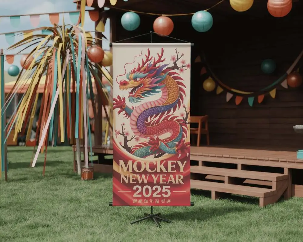 Festival Outdoor Banner Mockup Tripod Banner On Grass With Colorful Streamers And Bunting Decor