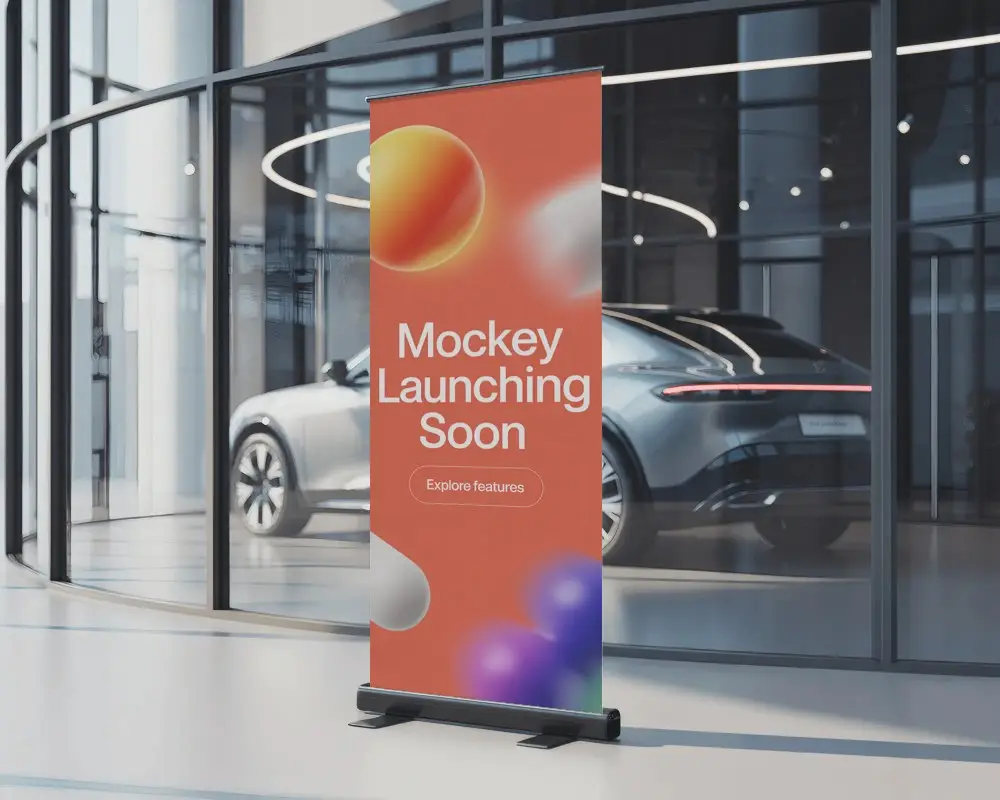 Modern Showroom Banner Mockup Roll Up Banner Inside Glass Car Display Space With Reflections