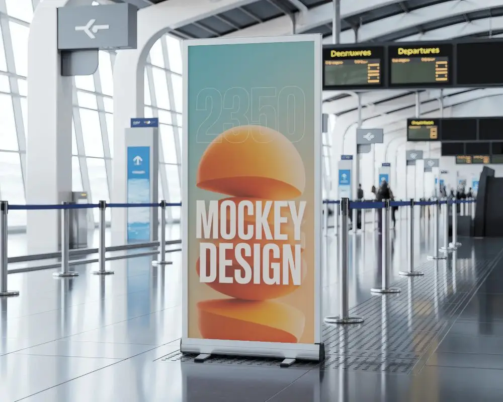Airport Terminal Banner Mockup Free Standing Display In Departure Hall With Directional Signs
