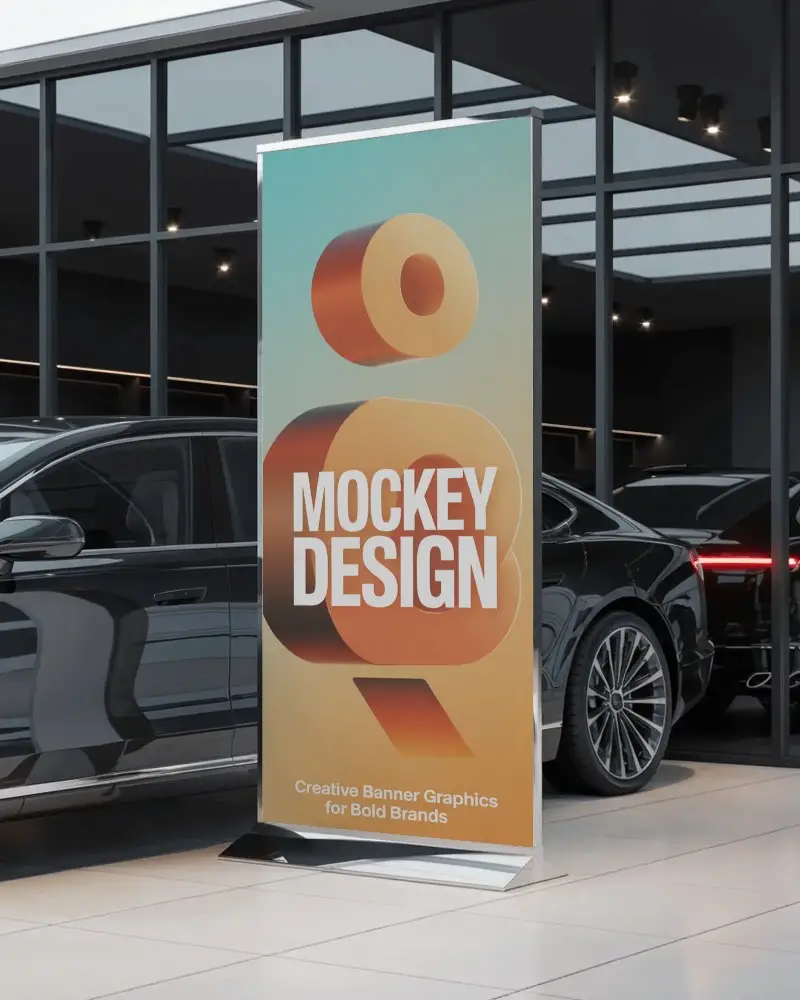 Luxury Car Showroom Banner Mockup Vertical Banner Between Glass Walls And Black Premium Vehicles