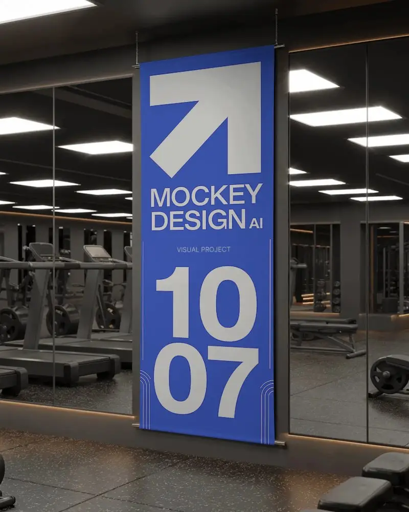 Modern Gym Banner Mockup Hanging Banner In Fitness Studio With Mirrored Wall And Gym Equipment
