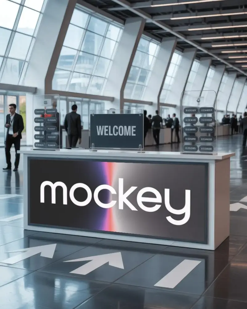 Event Registration Desk Horizontal Banner Mockup On Front Of Welcome Counter In Convention Hall