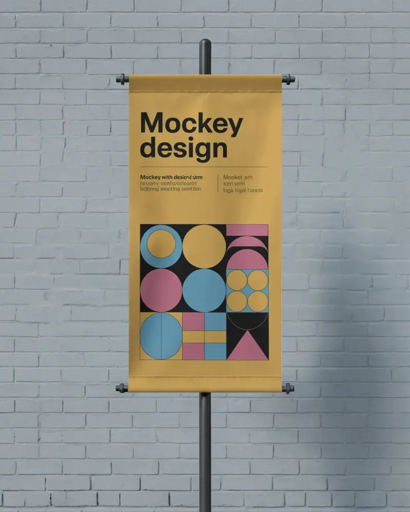 Minimal Street Banner Mockup Mounted On Post In Front Of Light Blue Brick Wall