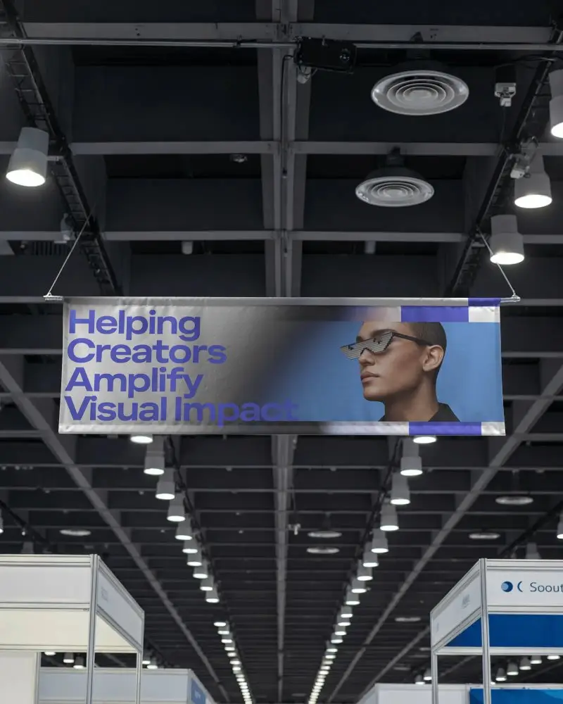 Trade Show Ceiling Banner Mockup Horizontal Hanging Banner Inside Expo Center Hall