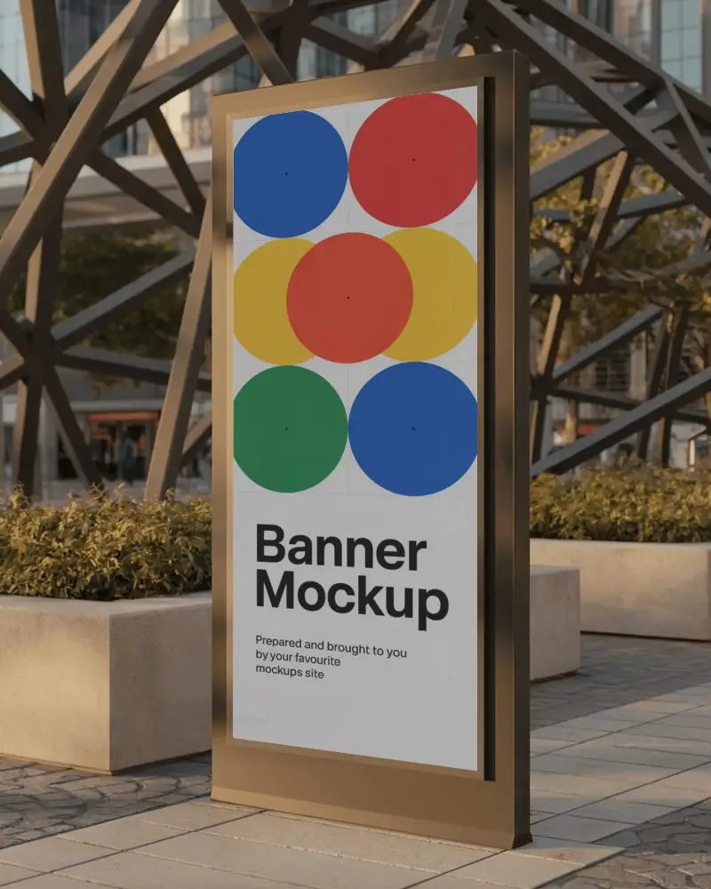 Outdoor City Banner Mockup Vertical Display On Paved Plaza With Metal Architecture Frame