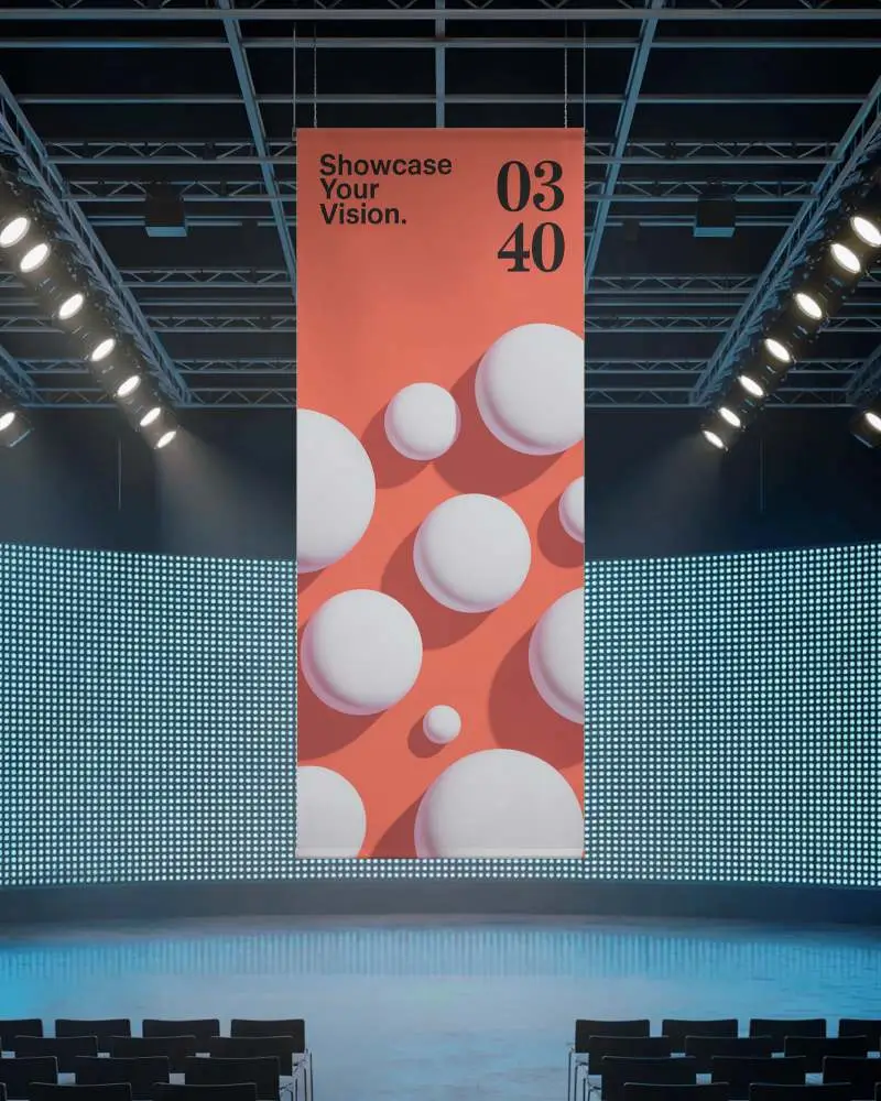 Event Stage Banner Mockup Hanging Vertical Banner On Lit Stage With Audience Seating View