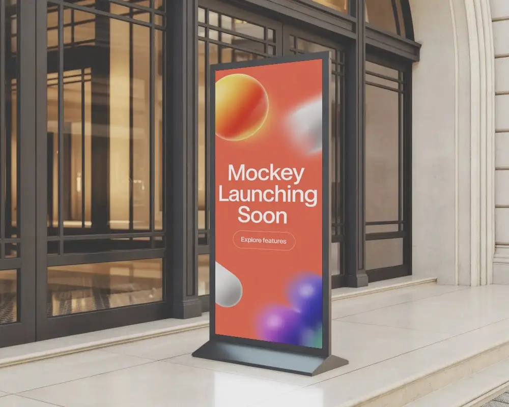Luxury Retail Banner Mockup Vertical Display Outside Storefront With Glass And Arched Entrance