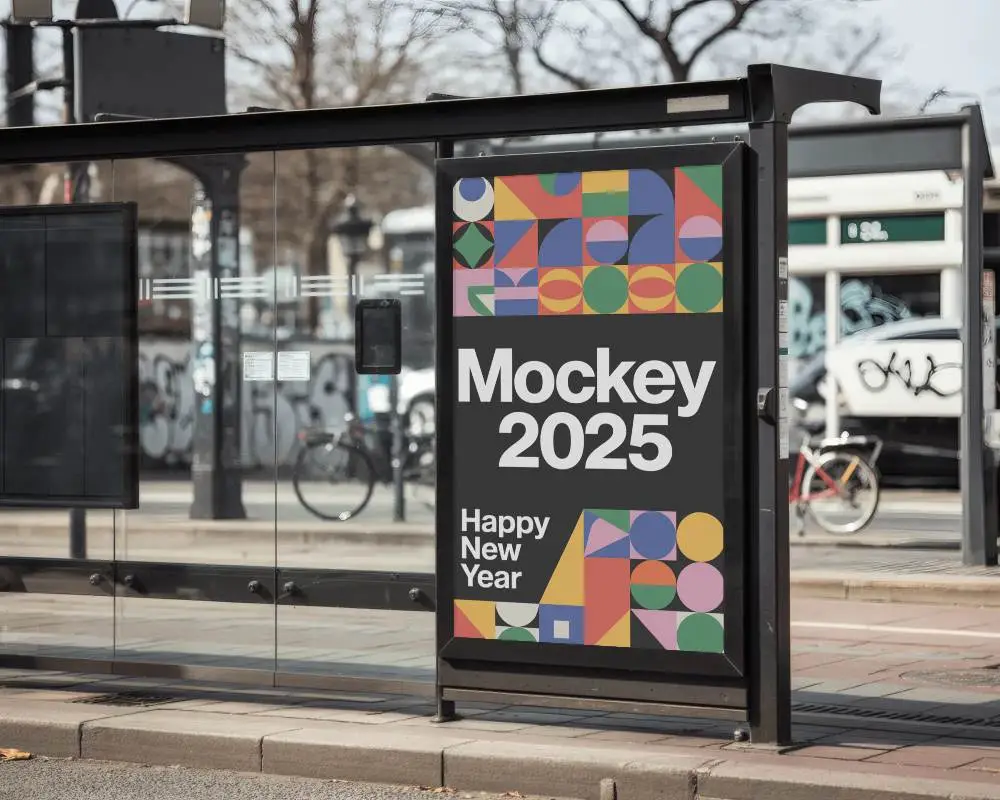 Street Bus Shelter Banner Mockup Urban Glass Shelter Display On Sidewalk With City Background