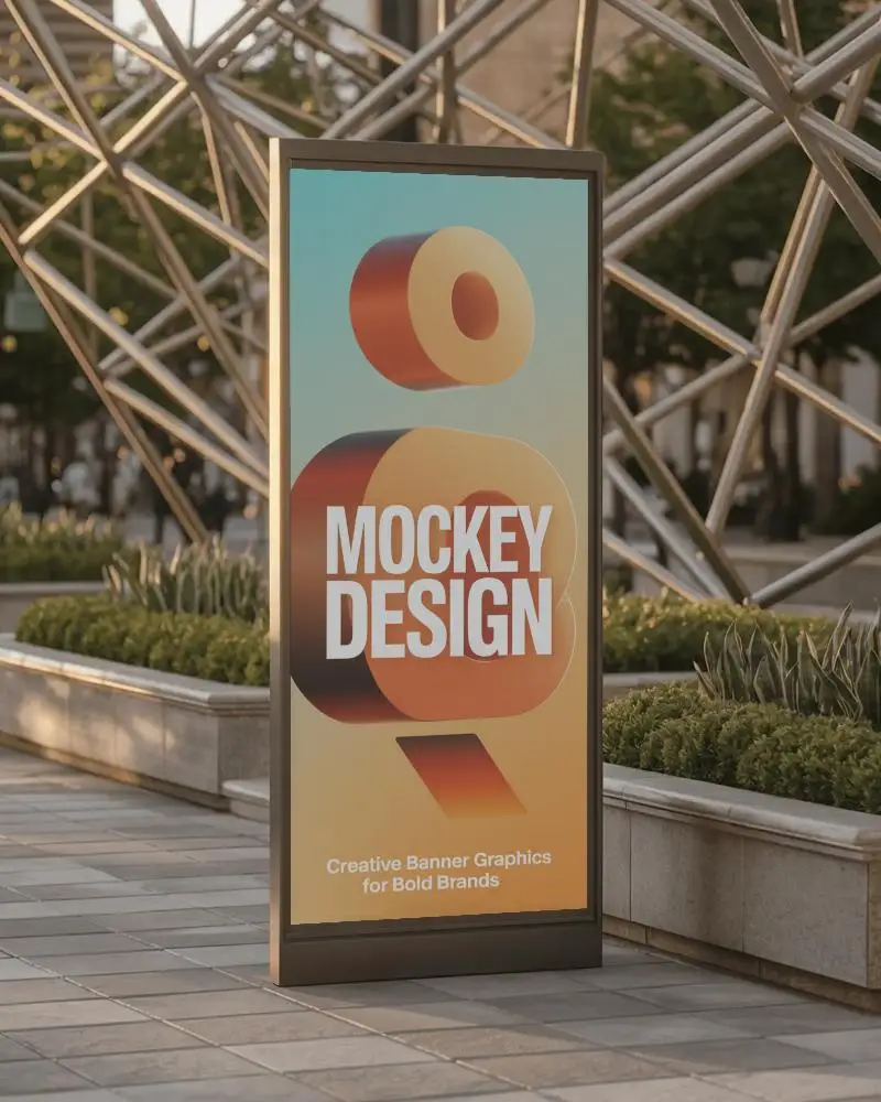 City Architecture Banner Mockup Vertical Display On Tiled Walkway With Metal Structure Backdrop