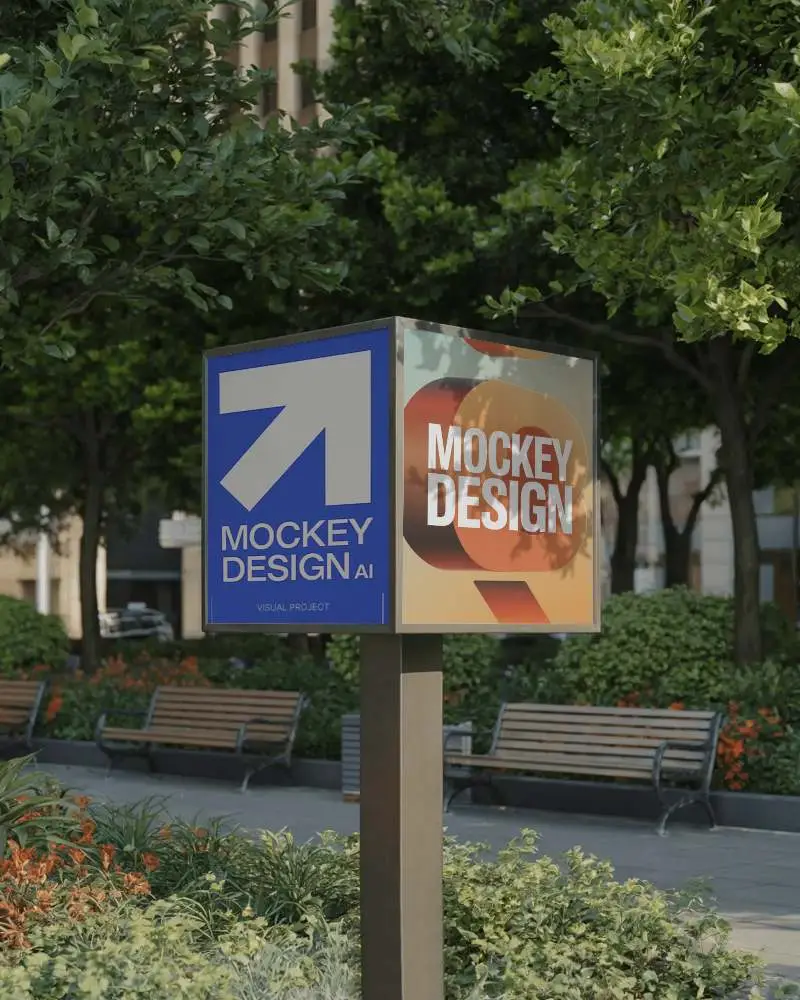 Urban Park Banner Mockup Square Display On Metal Pole In Greenery With Benches And Trees