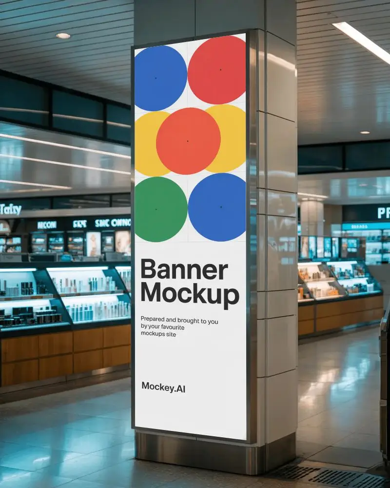 Banner Mockup Vertical Display Wrapped Around Pillar In Cosmetics Shopping Area