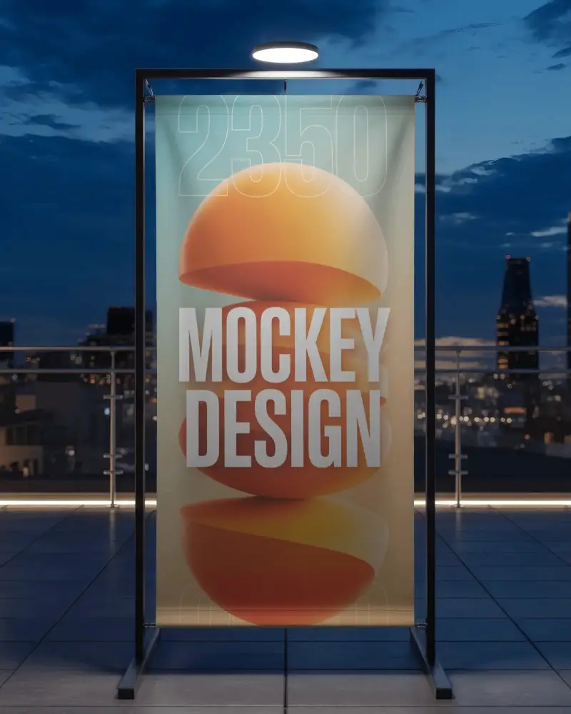 Rooftop Banner Mockup At Night With Metal Stand And City Lights In Background Under Soft Spotlight