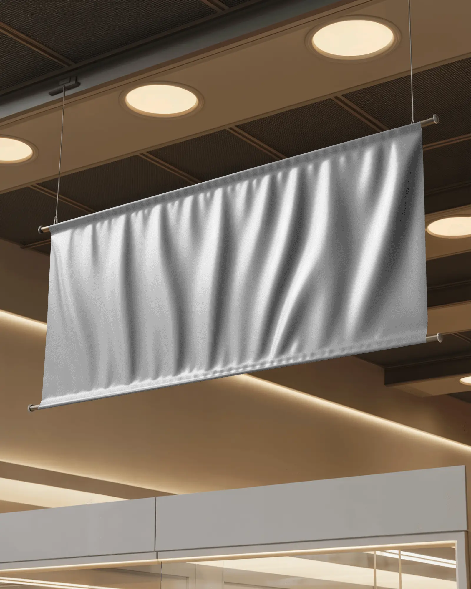 Commercial Retail Banner Mockup Suspended Above Glass Storefront In Bright Mall Interior
