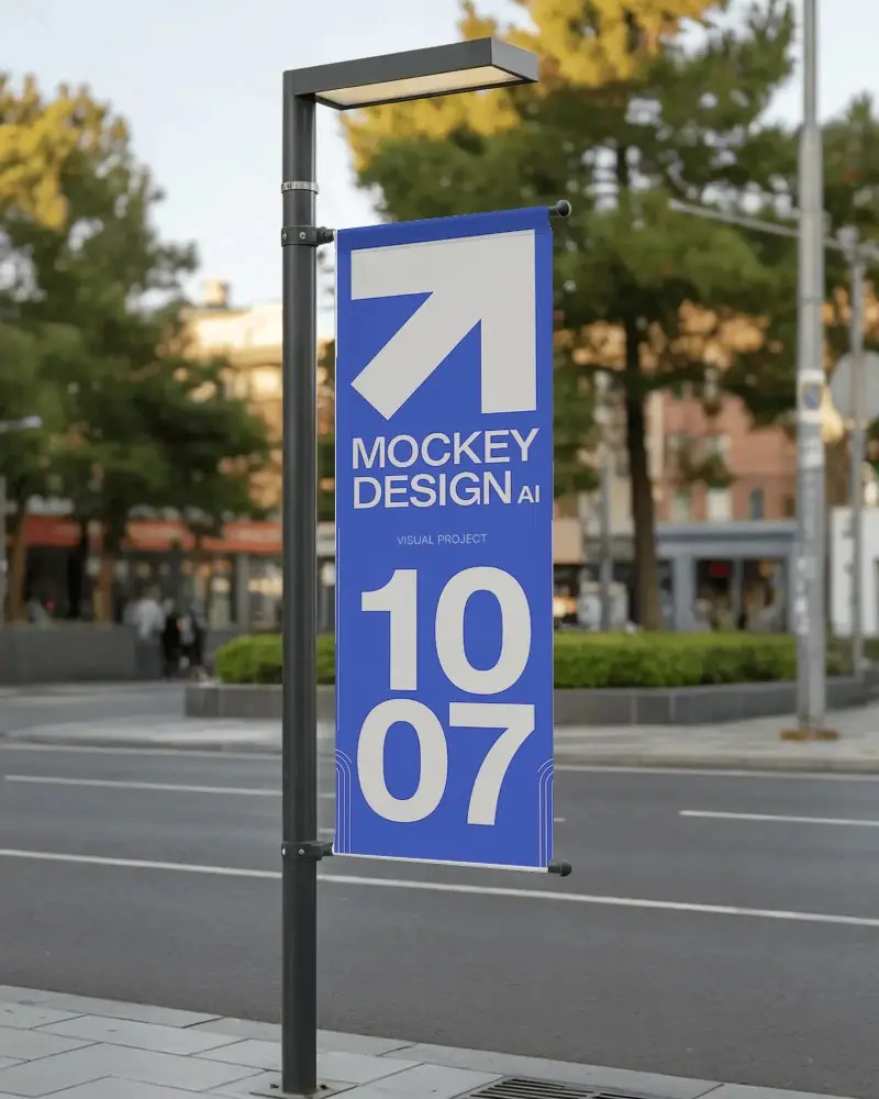 Street Banner Mockup On Urban Pole With Lighting For Advertisement Display On City Road