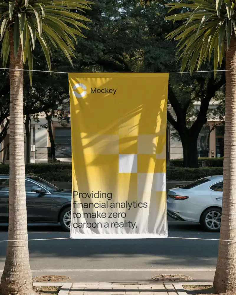 urban-roadside-banner-mockup-hanging-between-palm-trees-with-car-and-sunset-shadows
