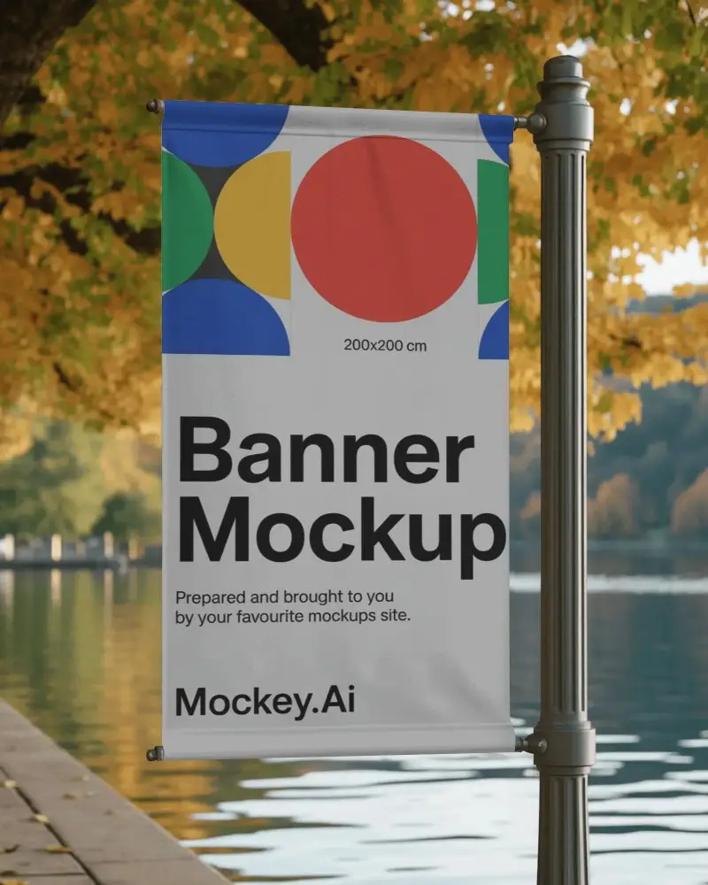 lakeside-banner-mockup-on-metal-post-with-autumn-leaves-and-reflective-water-scenery