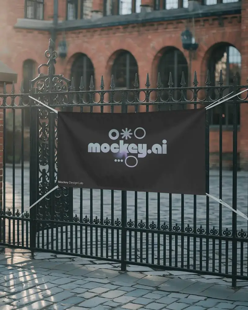 iron-gate-banner-mockup-in-historic-brick-building-setting-soft-light-and-wet-pavement