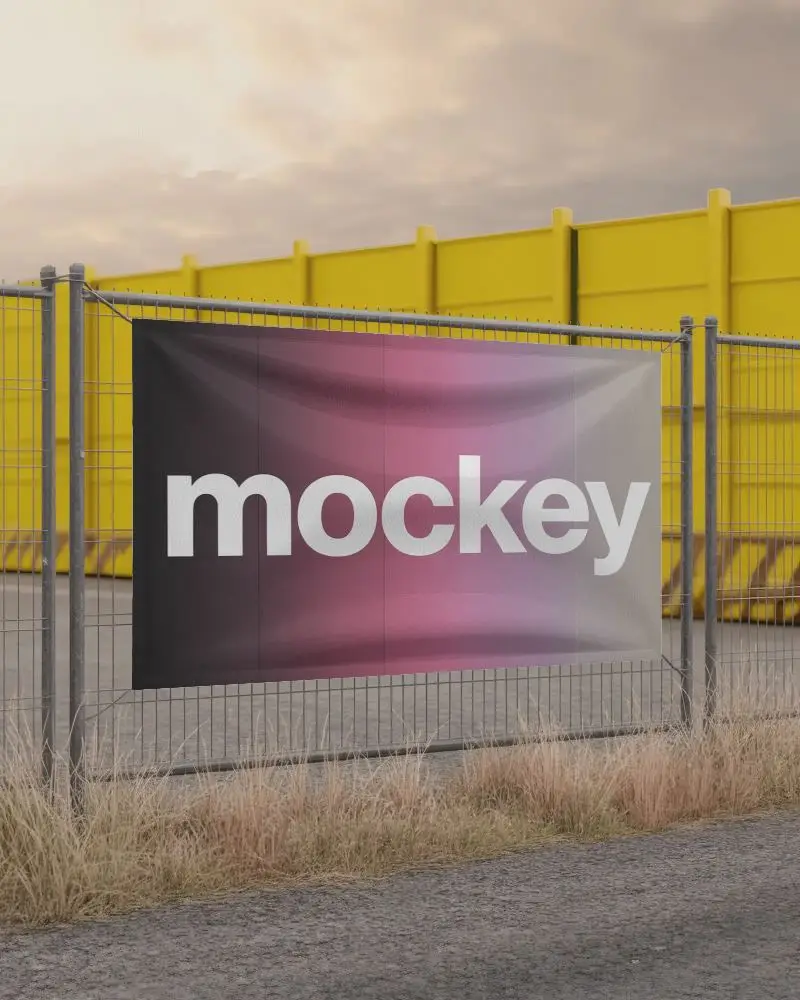 industrial-fence-banner-mockup-in-front-of-yellow-panels-at-sunset-with-dry-grass-edge