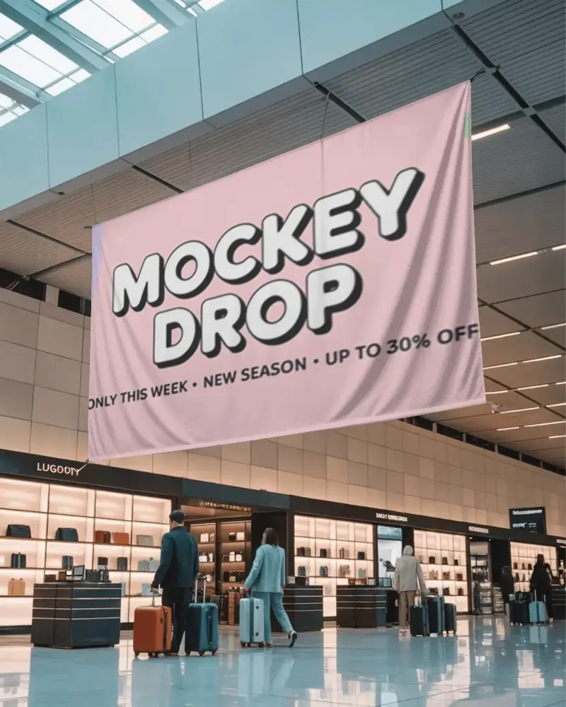 blank-fabric-banner-mockup-suspended-above-travelers-with-luggage-at-airport