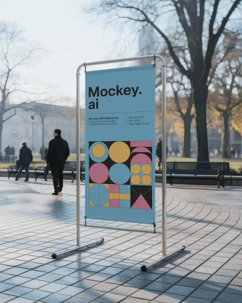 street-advertising-banner-mockup-with-metal-stand-on-paved-city-walkway