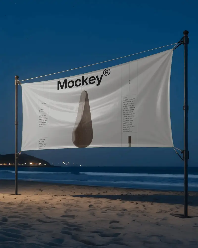 Outdoor Advertising Banner Mockup On Sandy Beach At Night Ideal Promotion Display