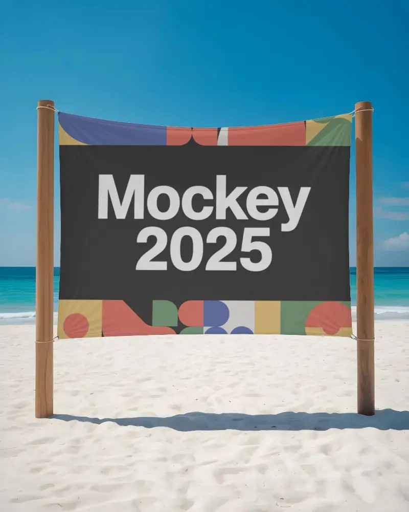 beach-banner-mockup-hanging-between-two-wooden-poles-on-sandy-shoreline-background