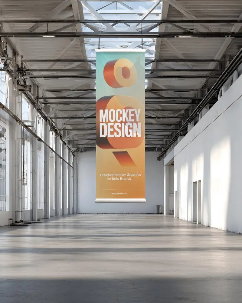 blank-vertical-banner-mockup-hanging-in-large-open-warehouse-with-natural-light