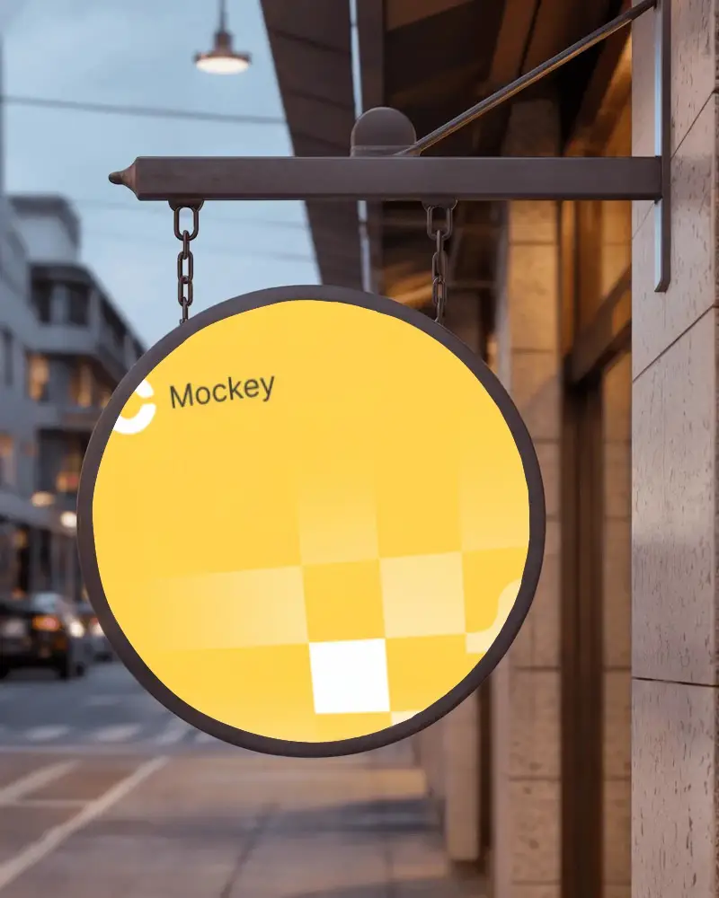 Exterior Hanging Banner Mockup For Storefront Brand Advertising On City Roadside