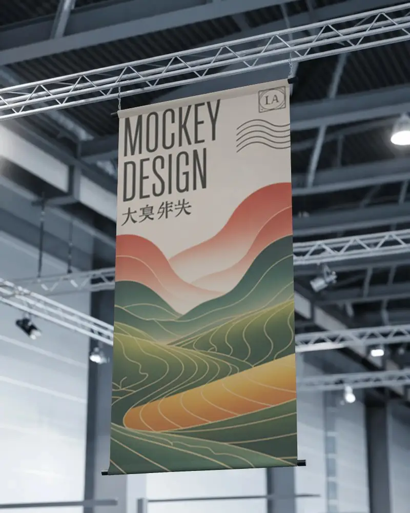 Large Vertical Hanging Banner Mockup For Exhibition Tradeshow And Indoor Promotion