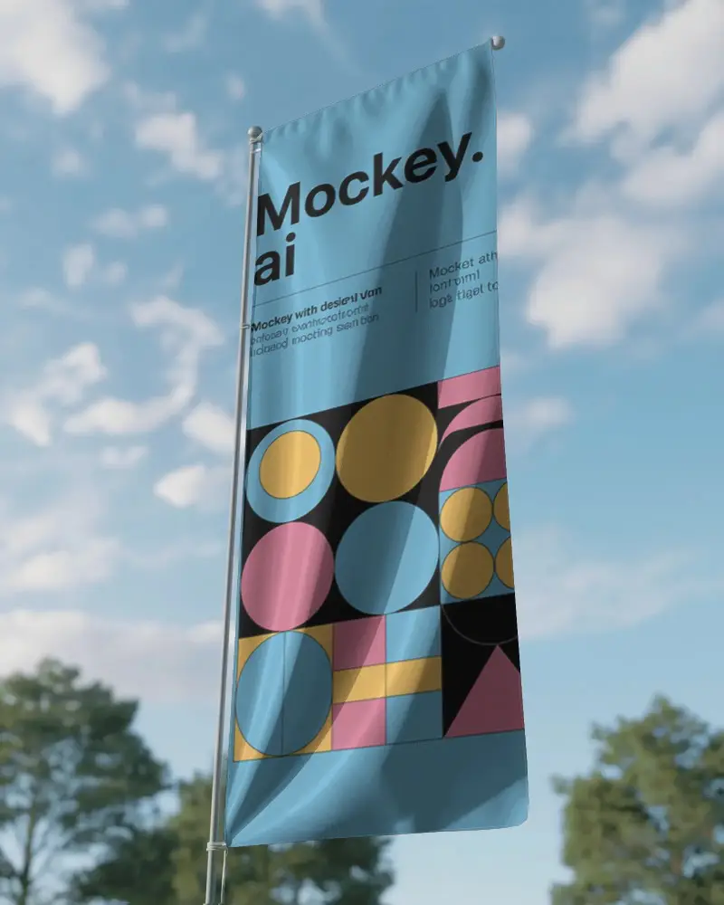 Vertical Outdoor Flag Banner Mockup On Pole Against Sky Background For Brand Promotion