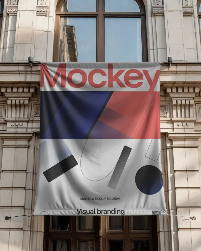 Blank Hanging Banner Mockup On Classic Building Facade For Advertising Promotion