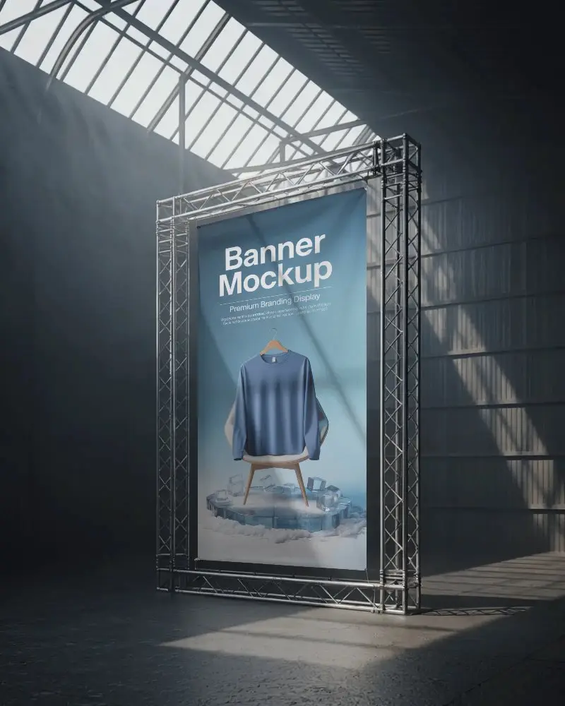 Industrial Hanging Banner Mockup For Event Promotion Or Exhibition Display Setup