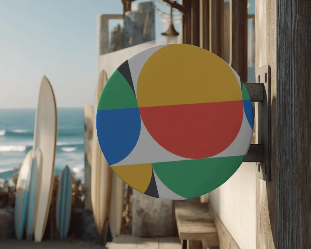 Round Circular Banner Mockup Mounted On Wooden Wall Outdoor Business Signage