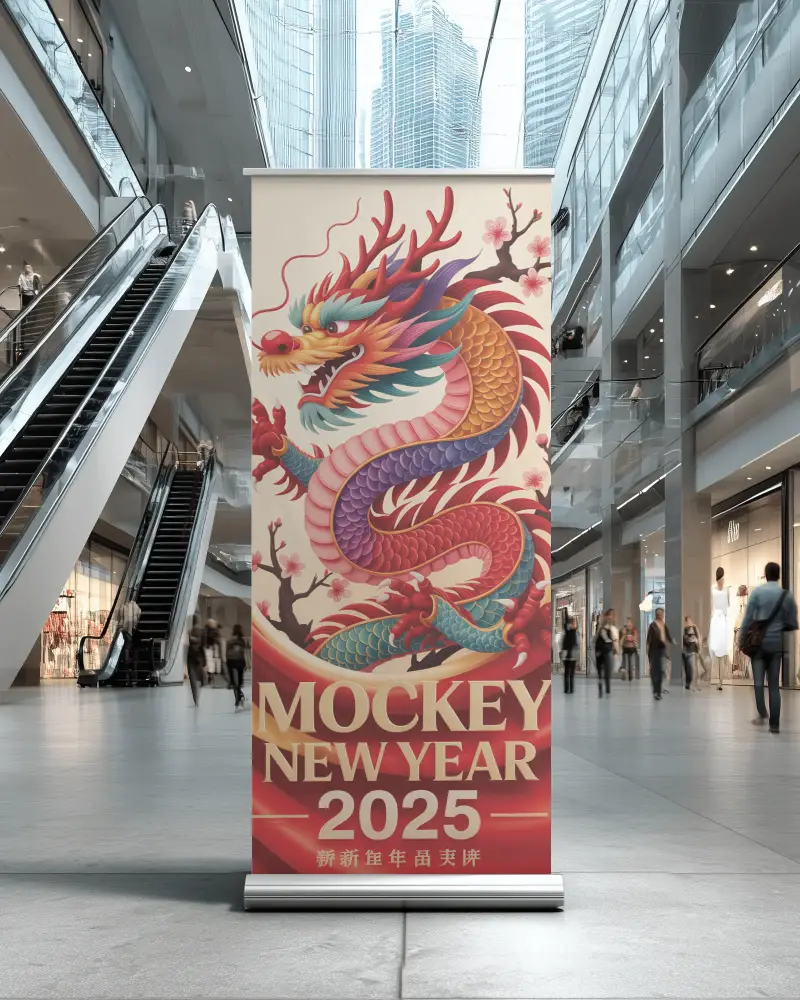 Vertical Blank Rollup Banner Mockup In Spacious Commercial Center For Advertising