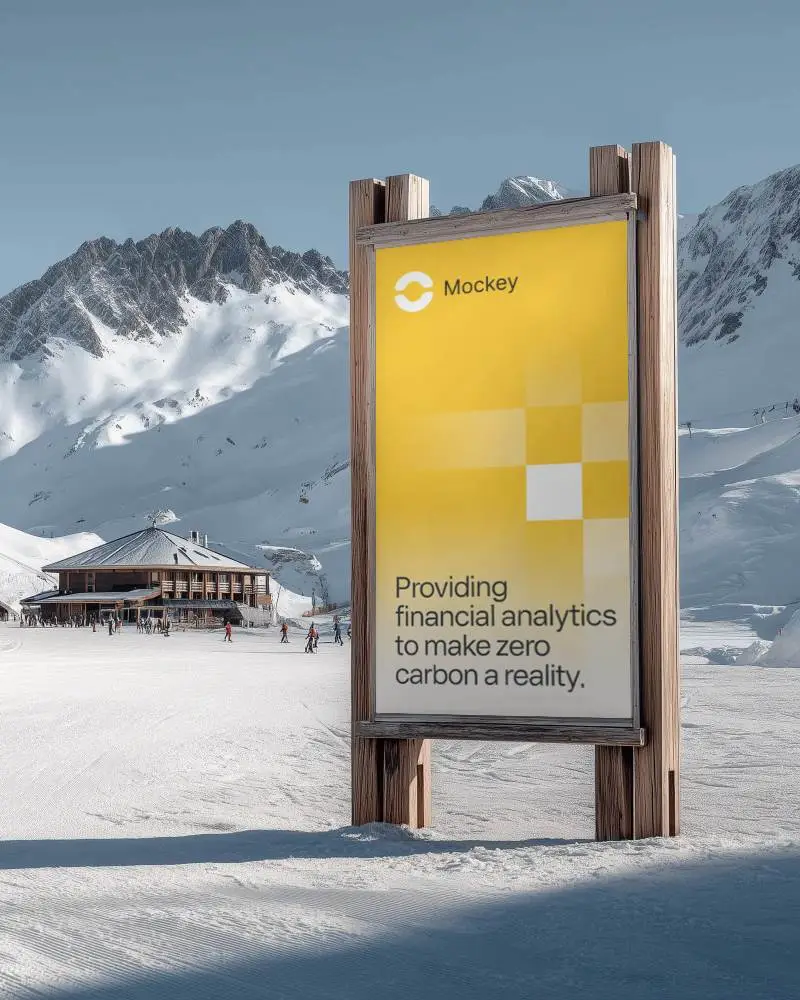 Outdoor Wooden Banner Mockup In Snowy Mountain Resort Scene Ready For Custom Advertising