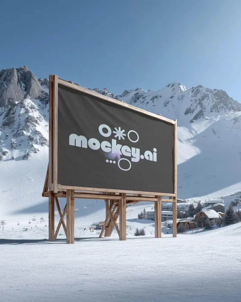 Blank Wooden Frame Banner Mockup In Winter Ski Resort Setting For Advertising